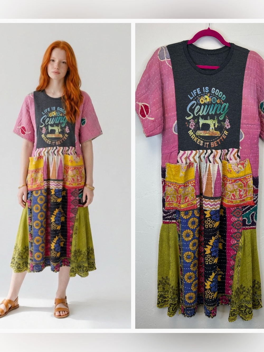 Patchwork Boho Kantha Midi Dress Size S Pockets Sewing Seamstress Crafter Hippie